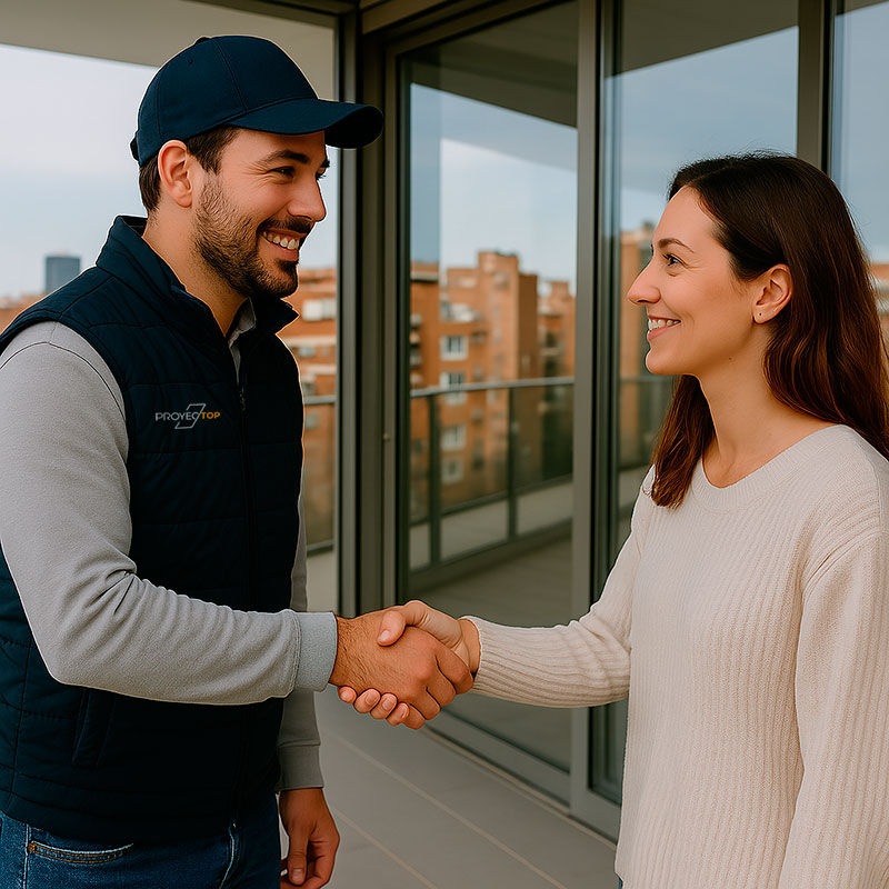 Contratista de Proyectop y clienta dándose la mano en una terraza acristalada con vistas urbanas, tras finalizar una instalación de cerramiento en Madrid